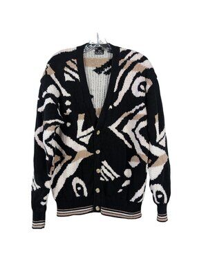 Vintage Countess Mara Cardigan L Abstract Geometric Cotton Sweater Black Tan 90s